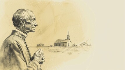 Fototapeta premium Biblical Illustration of St. John Vianney Hearing Confessions in Small Rural Church, Beige Background, Copyspace