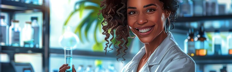 Digital painting of a woman smiling, holding a tube of liquid in a chemical laboratory