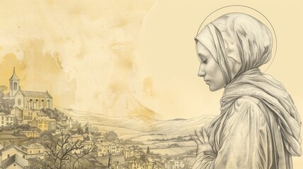 Fototapeta premium Biblical Illustration of St. Jane Frances de Chantal Serving the Poor in 17th-Century French Village, Beige Background, Copyspace