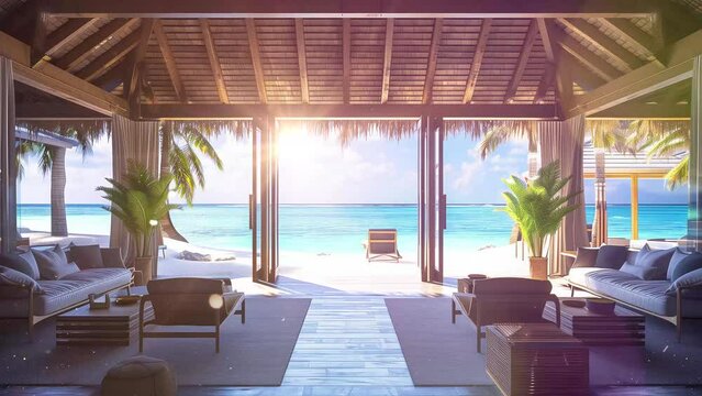 living beach lounge ocean villa on sea view. seamless looping overlay 4k virtual video animation background