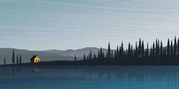 Minimalist countryside landscape in the morning with lake, mountain ranges, country house and silhouette pine forest graphic illustrated have blank space.