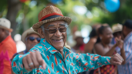 An older gentleman with a lively personality, dancing joyfully at a community event, surrounded by people of all ages and backgrounds