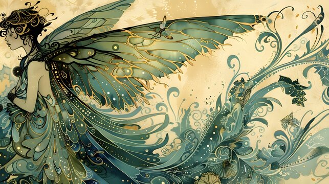 A woman is depicted as a fairy with a butterfly on her back