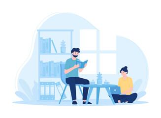 Women and men study together in the living room concept flat illustration
