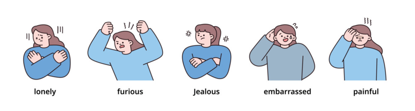 Negative emotion expression set-4. women upper body character. outline vector illustration.