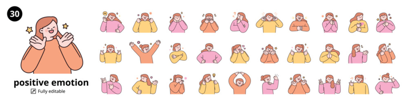 Positive emotion expression mega set. women upper body character. outline vector illustration.