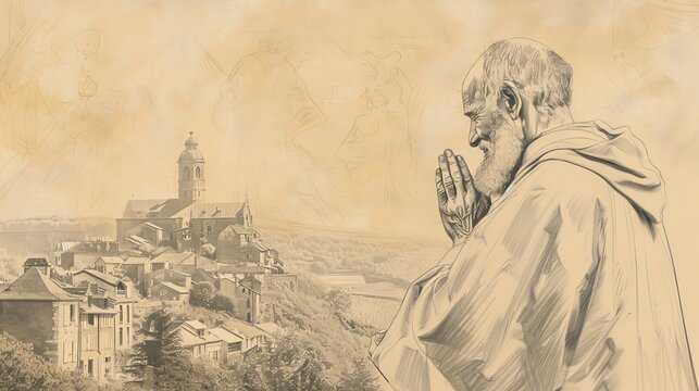 Biblical Illustration of St. Drogo in Prayer in 12th-Century French Village, Beige Background, Copyspace
