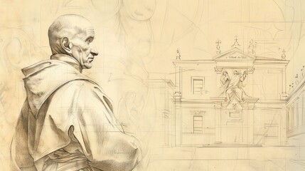 Fototapeta premium Biblical Illustration of St. Camillus de Lellis Serving the Sick in 16th-Century Italian Hospital, Beige Background, Copyspace