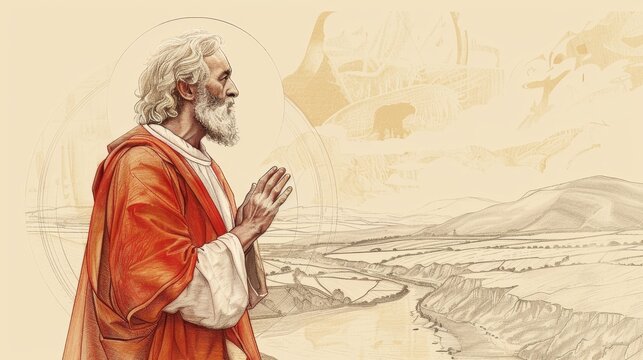 Biblical Illustration of St. David of Wales Preaching in Welsh Countryside, Beige Background, Copyspace
