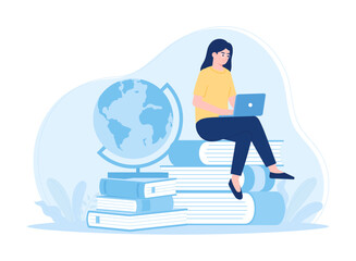 Woman sitting on a book studying with laptop and globe concept flat illustration