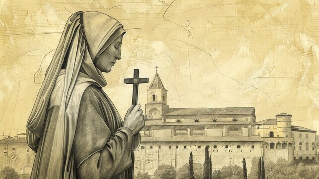 Biblical Illustration of St. Clare of Montefalco in Prayer at 13th-Century Italian Convent, Beige Background, Copyspace