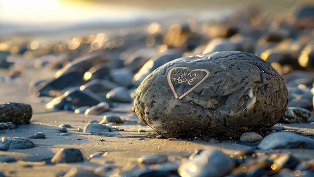 Heart carving on beach rock surrounded by pebbles at sunset