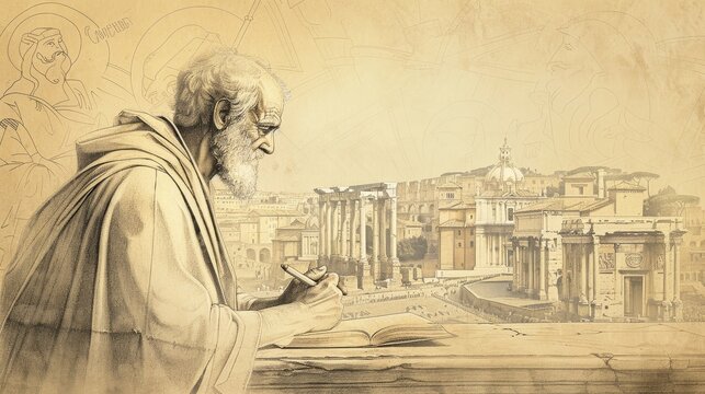 Biblical Illustration of St. Clement of Rome Writing in Ancient Rome, Beige Background, Copyspace