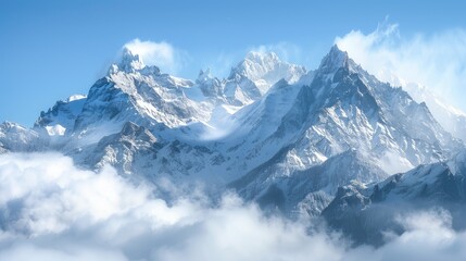 Obraz premium Snow covered mountain peaks shrouded in misty clouds under a clear blue sky