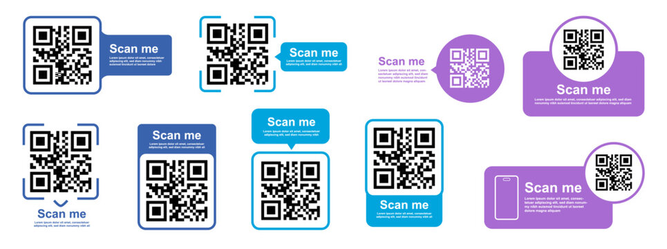 QR code color set. Barcodes with text scan me. Marketing and electronic commerce. Poster or banner for website. Flat vector