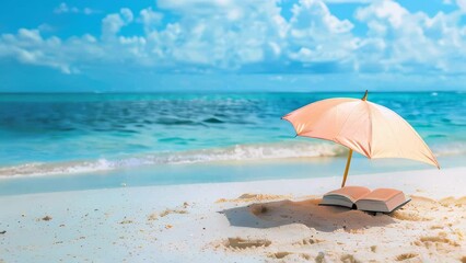 Book and umbrella on sandy beach by sea