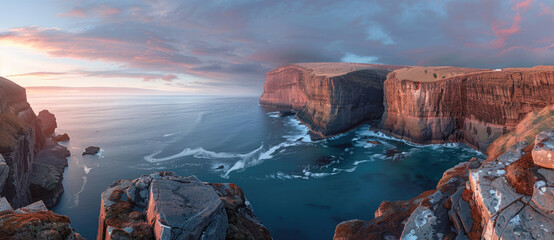 panoramic view of the Faroe Islands, high cliffs overlooking the blue ocean, golden hour, beautiful