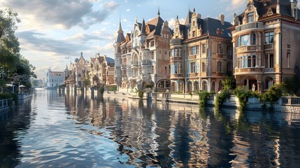 Obraz premium A fantasy scene with a river and a castle The castle is surrounded by trees and has a lot of windows