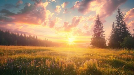 Sunrise over a summer field with pine trees