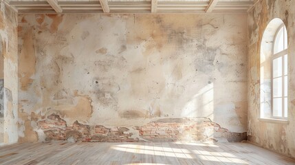 Empty grunge wall in a bright living room with ancient architectural details