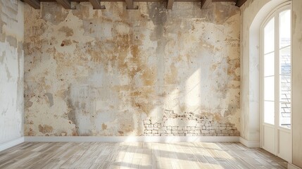 Empty grunge wall in a bright living room with ancient architectural details
