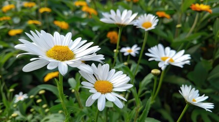 Flower of white daisies in a garden