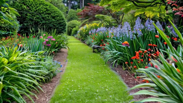 Lush, vibrant garden path lined with colorful flowers and well-manicured greenery