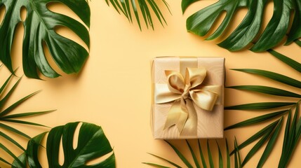 Fototapeta premium A beautifully wrapped gift box with a ribbon bow, set on a flat lay solid color background with tropical leaves, featuring ample space for text.