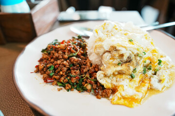 Minced pork and thick egg with basil rice, Thai food