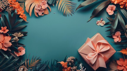 A gift box with a decorative ribbon bow, set on a flat lay solid color background with dried flowers and tropical leaves, featuring ample area for copy