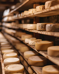 A row of cheese wheels are on a shelf
