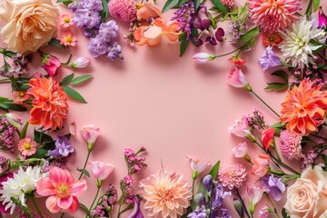 A stylish flat lay arrangement showcasing a frame of beautiful flowers on a vibrant background.