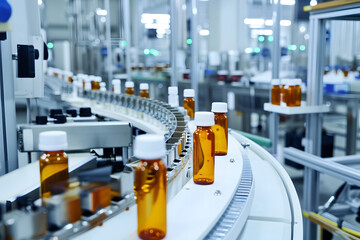 Naklejka premium A conveyor belt with bottles of medicine on it