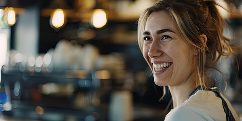 Obraz premium portrait of beautiful smiling American female waitress in cafe, generative AI