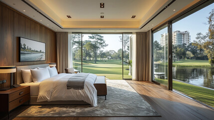 Minimalist green shade bedroom of a house villa resort by grassland