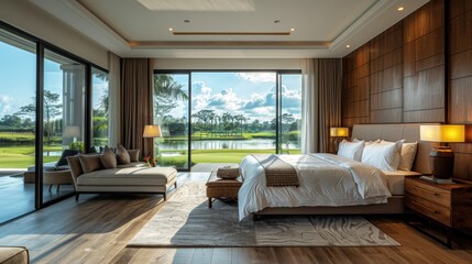 Minimalist green shade bedroom of a house villa resort by grassland
