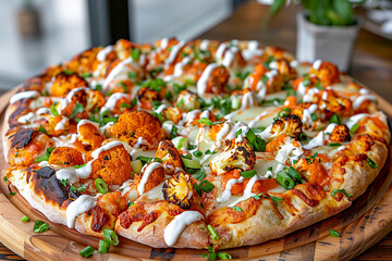 Buffalo Cauliflower Pizza with buffalo cauliflower bites, ranch dressing, and green onions