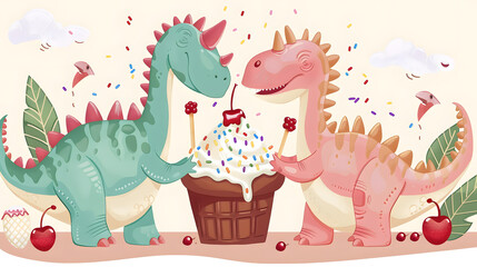 Two dinosaurs are standing next to a cake with a cherry on top