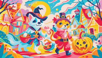 Fototapeta premium Whimsical Halloween Adventures in a Colorful Cartoon Village
