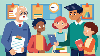 As the school hosts a college fair older students guide their younger peers around sharing insights and advice on how to prepare for college applications and interviews.. Vector illustration