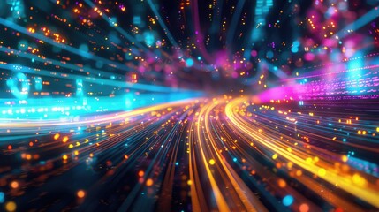 Dynamic high-speed data network with slick, glossy, and glowing lines of light