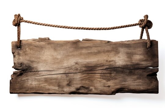 Drift wood plank sign hanging rope white background.