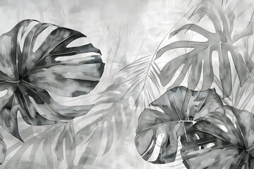 A black and white painting of a leafy plant with a leafy stem