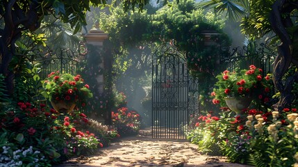A large archway with a garden in front of it. The archway is surrounded by flowers and plants