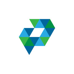 This image is a letter logo of initial P in pixel style in green and blue color on a white background