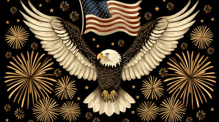 Freedom Takes Flight: Eagle Soars Above Fireworks & Flag