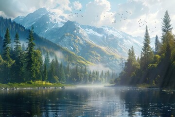 River and forest and mountain landscape wilderness outdoors.