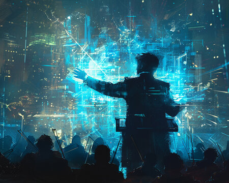 A maestro conducting an orchestra of virtual instruments, blending traditional conducting with futuristic technology, Sci-fi, Soft blue glow, Digital painting, expressive and innovative