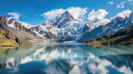 Fototapeta premium Image of a glacier topped mountain overlooking a lake