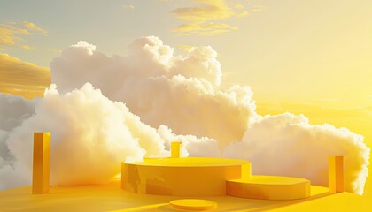 Background podium yellow 3D product sky platform display cloud pastel scene render stand. Yellow podium stage minimal abstract background beauty dreamy space studio pedestal smoke showcase geometric 